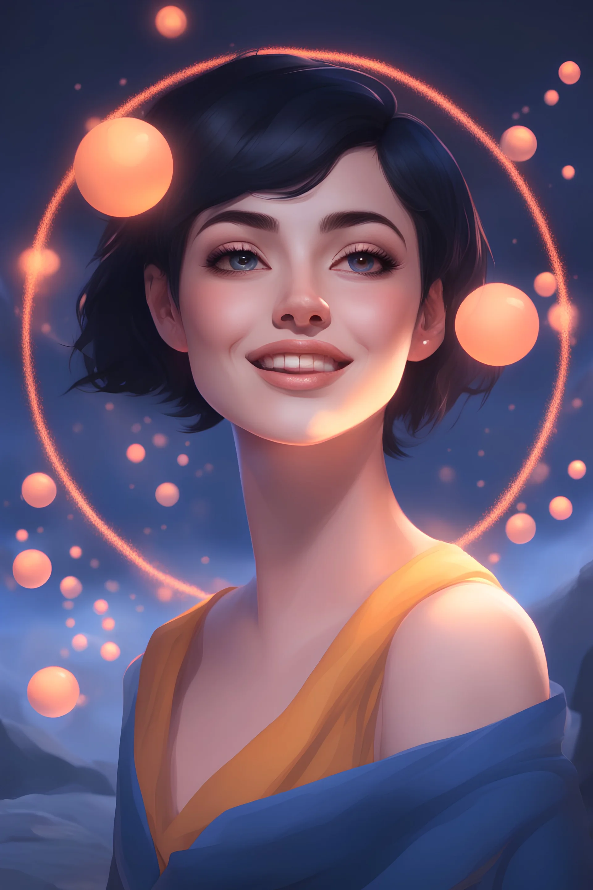 3D Bubbles, Floating hearts with an electrical current, fog, clouds, somber, ghostly mountain peaks, a flowing river of volcanic Lava, fireflies, a close-up, facial portrait of a totally gorgeous woman with short, buzz-cut, pixie-cut Black hair tapered on the sides, wide open, cobalt blue eyes, smiling a big bright happy smile, wearing a hoodie over a red bikini, in the art style of Boris Vallejo