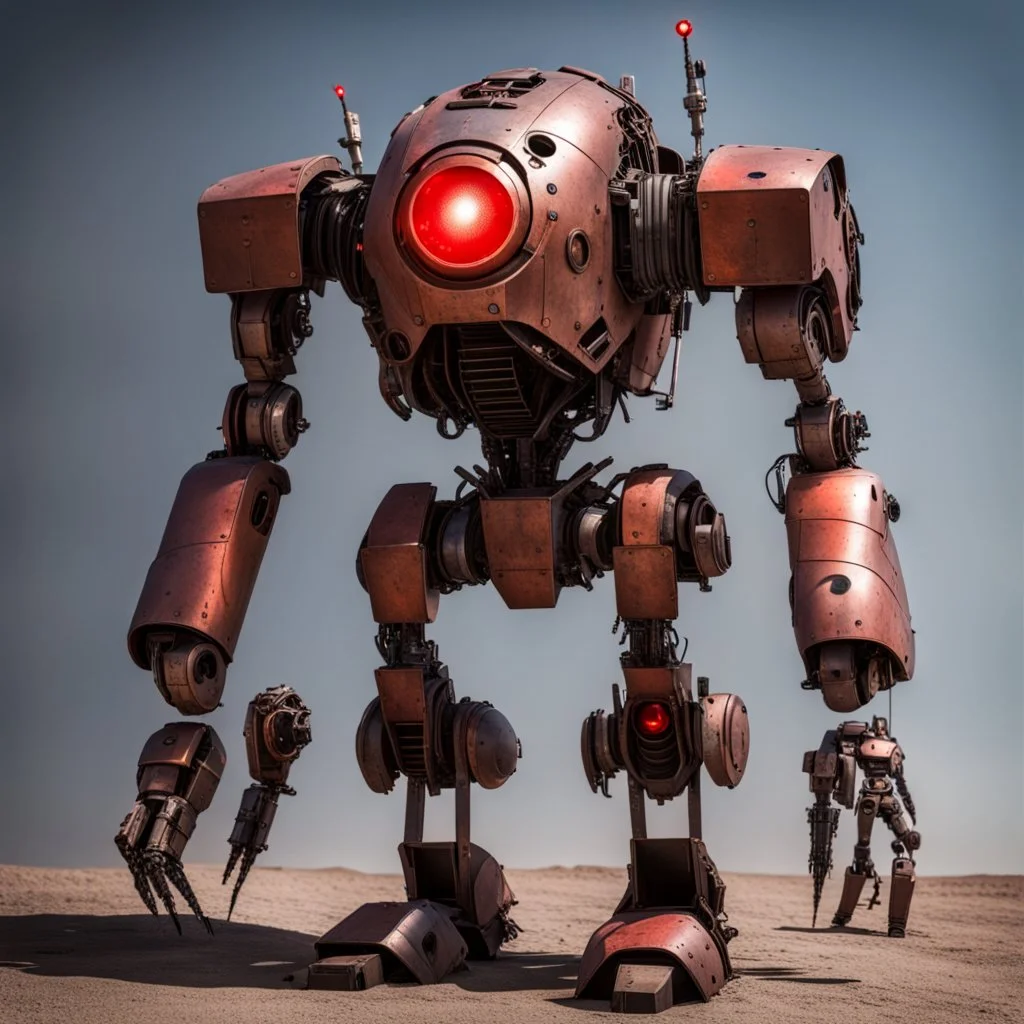 trash mech suit, human-sized, made of scrap metal, small, cockpit, light rust, round, red glowing eye