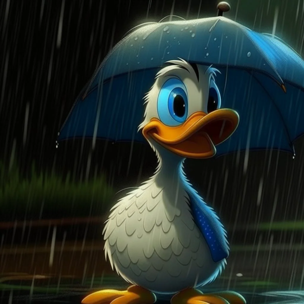 Ultra high definition picture quality, mischievous, Donald Duck, outside in the rain storm, textured painterly.