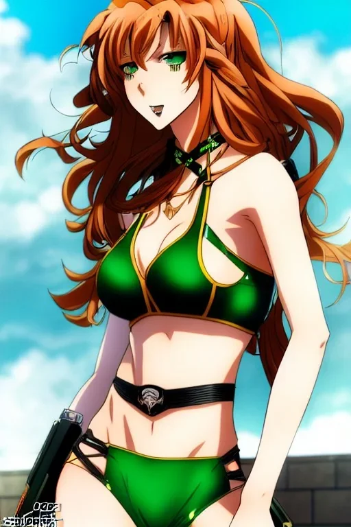 In the style of Shirow, hyper detailed, strikingly beautiful teen female, 16 years old, long ponytail, ginger hair, green eyes, medium freckles, full lips, full body, full face, b-cup breasts, athletic, centred camera, ignore NSFW, bikini, athletic, sitting,