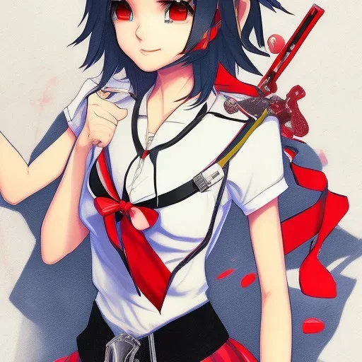 Ryuko Matoi,black skirt,black crop top,suspenders,red tie,red ahoge