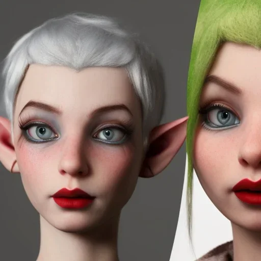 male human and female elf, elf portrait, portrair, elf head, elf face, big eyes, smile, red lipstick and black eyliner, fantasy, happy, 8k resolution, high-quality, fine-detail, fantasy, incredibly detailed, ultra high resolution, 8k, complex 3d render, cinema 4d