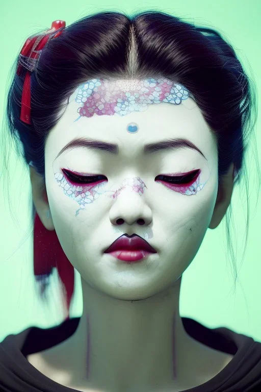 japan head portrait,geisha makeup, meditation, galaxy sky, 8k quality , portrait,beautiful ghost in the shell , post-apocalyptic in a sin city, realistic, intriacte detail, sci-fi fantasy style, volumetric lighting,24mm , particales,highly detailed,cinematic, deep purple , green eyes .