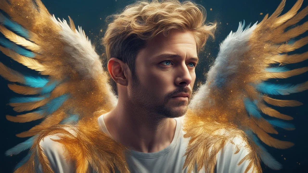 35-year-old man, sad angel, fine rendering, high detail, 8K, bright colors, HD photography, gold, flying feathers, double exposure