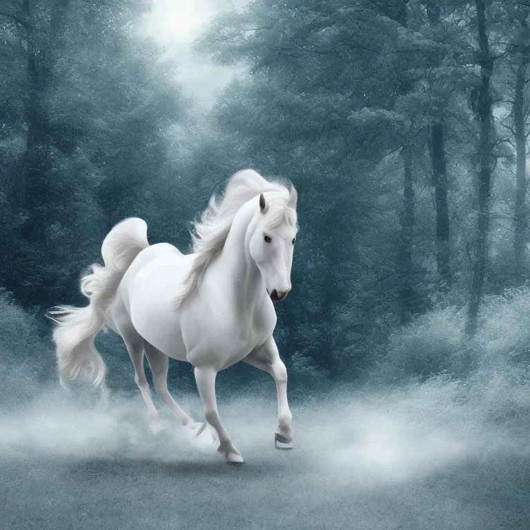 A white stallion galloping through the woods