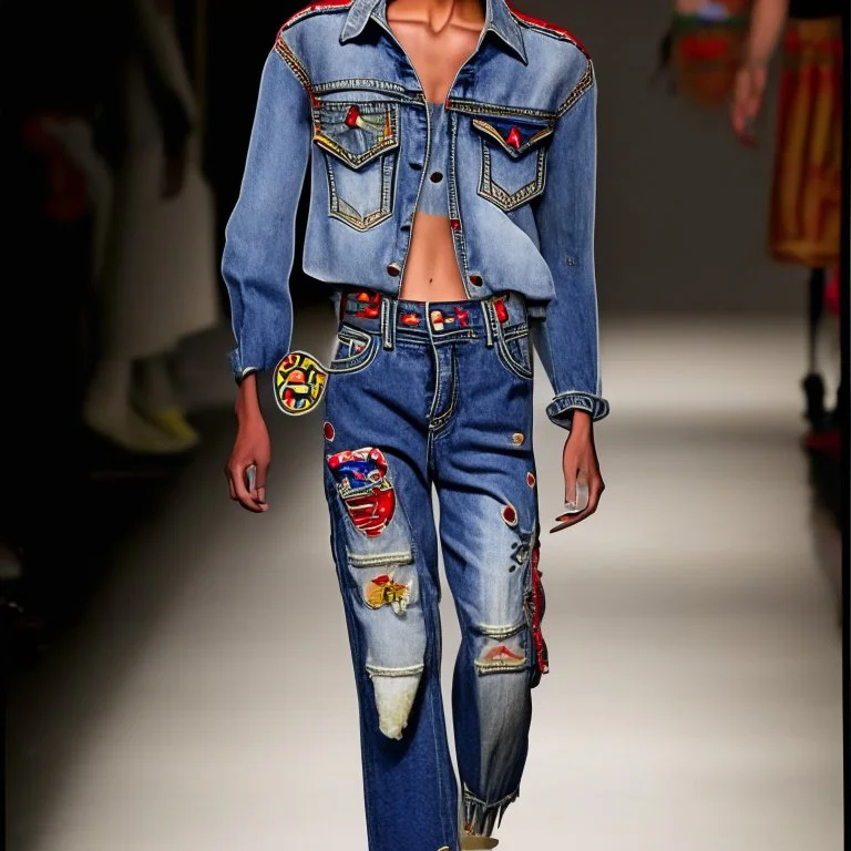 latin model catwalk wearing cargo jeans with patch embroidered