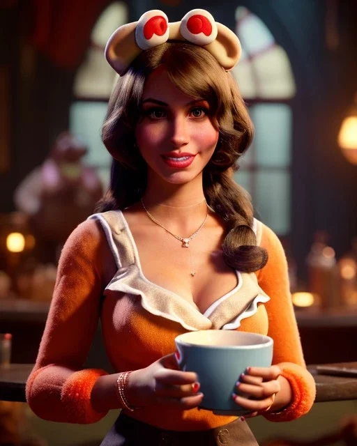 waitress woman with muppet mask that covers her entire head, retro style, Sesame Street style, smooth, unreal engine 5, god lights, ray tracing, RTX, lumen lighting, ultra detail, volumetric lighting, 3d.