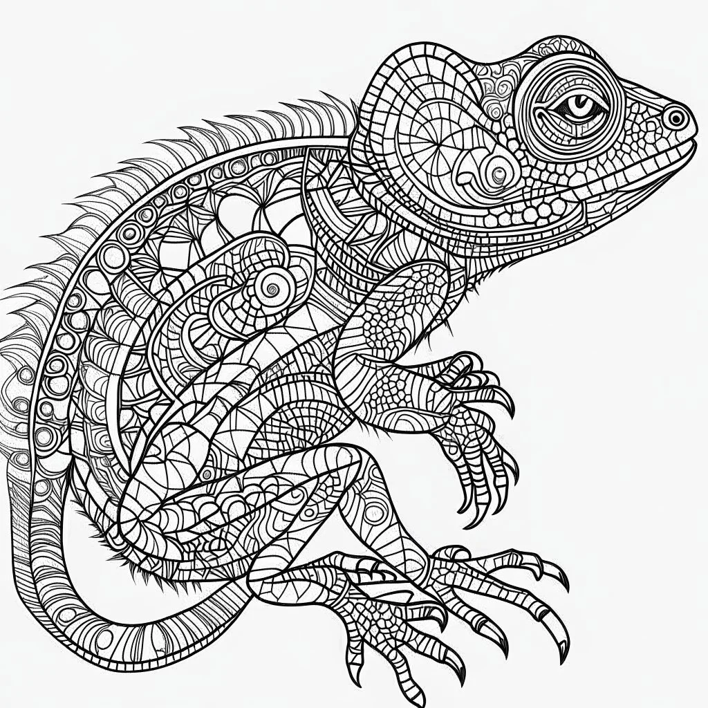 white Chameleon, mandala, minimal lines, cartoon, white back ground color, real style, realistic, minimalistic, minimal black line art, line art, crisp line art, unique coloring sheet, outlined, outline, crisp, crisp line edges, illustration, thin lines, crisp clear lines, line art, clean line art, unique, 8k, amazing, masterpiece, no colors, no dark color, no black color, avoid thick black, minimalistic line edges, pure white back ground, image character full fit to page,