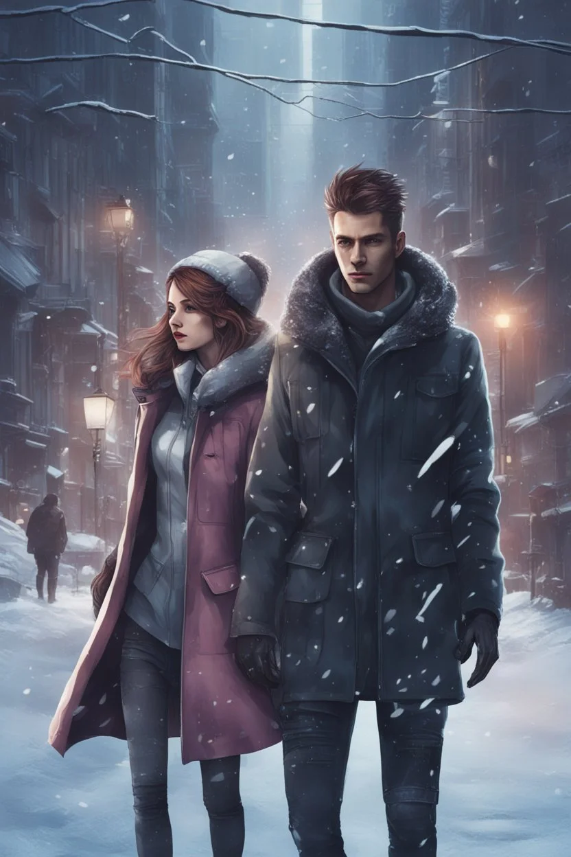 Science fiction, cyberpunk, city street, couple girl and guy, together, love at first sight, forbidden love, winter