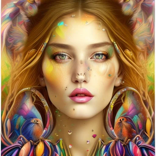 #Leonardai Starling , photorealistic ,pop surreal , lowbrow art ,enchanting portrait of a beautiful mature woman,representing a starling , feathers in her hair ,black and vibrant colors , sweet , magical , cosy warm light , whimsical, alluring , dazzling ,, expressive