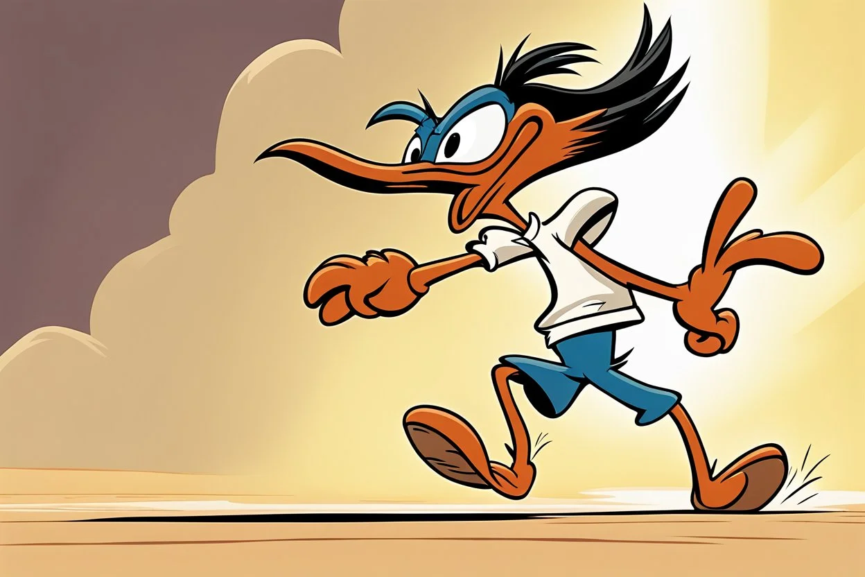 mostly empty space, small character of road runner running towards the right side, leaving behind a cloud of dust. style of looney toons cartoon