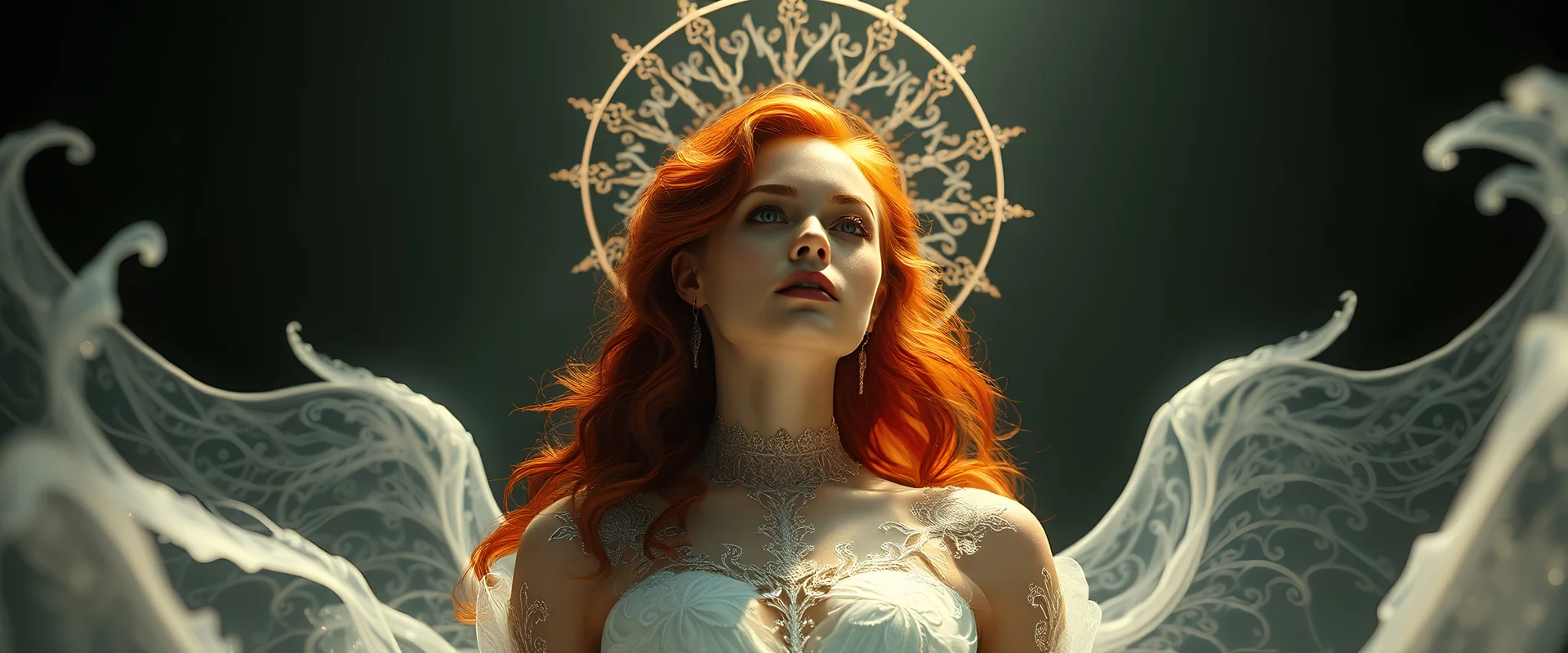 Photoreal ultra godlike stern but gorgeous and beautiful 30 yearold radiant goddess of love and beauty like with red wavy hair dressed in an intricate and infinite transparant white fantasy gown hovering in the darkness surrounded by a halo of light like the sun, otherworldly creature, in the style of fantasy movies, shot on Hasselblad h6d-400c, zeiss prime lens, bokeh like f/0.8, tilt-shift lens 8k, high detail, smooth render, unreal engine 5, cinema 4d, HDR, dust effect, vivid colors