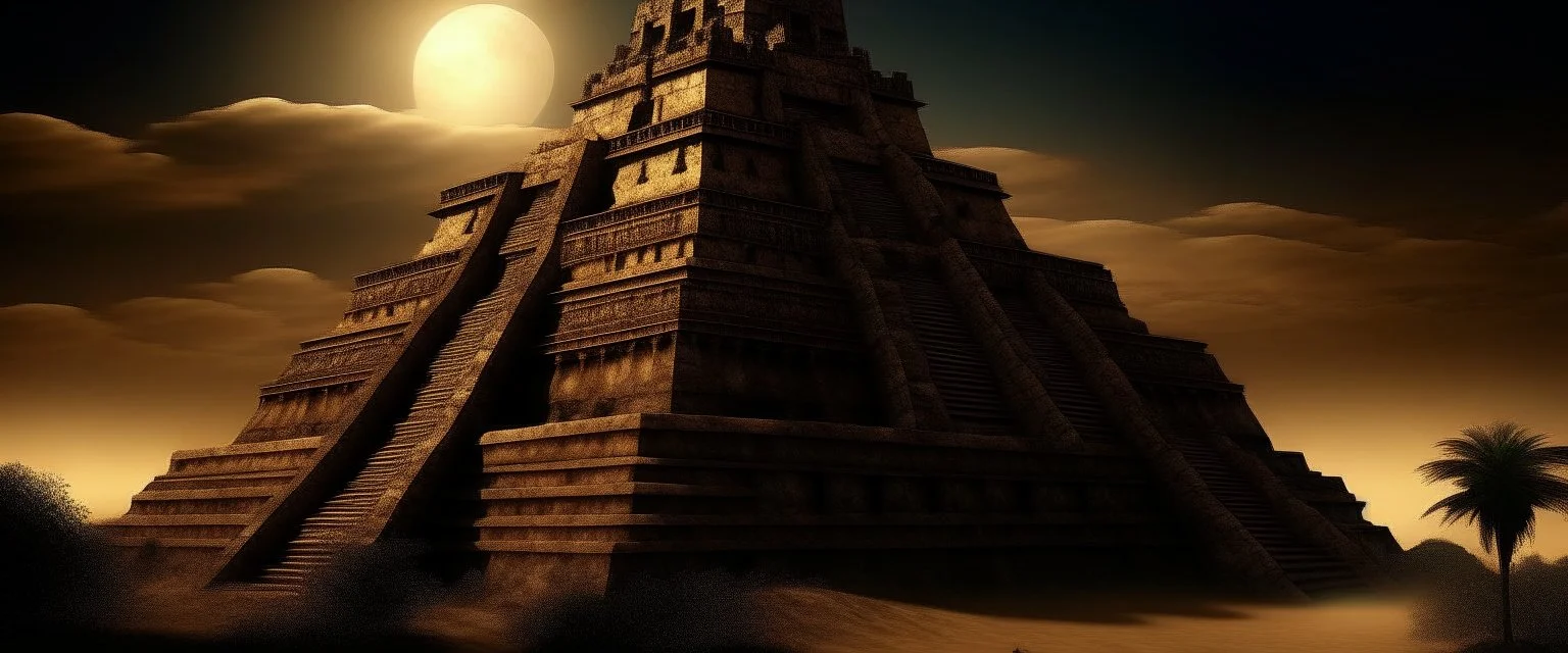 A dark gold bright sun castle in the dunes designed in Mayan architecture