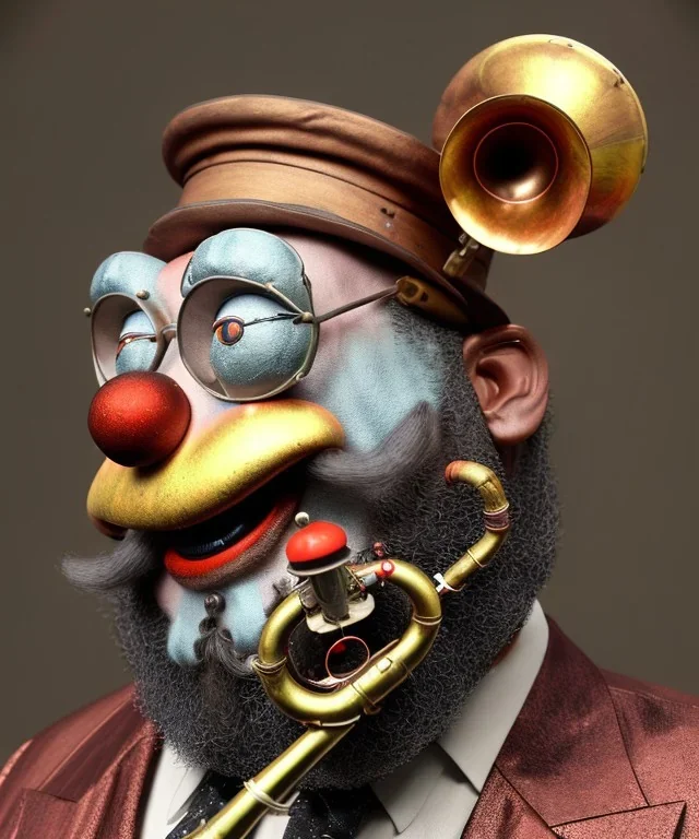 mechanoid old friendly fat clown with trimmed beard playing jazz with a steampunk theme, trumpet, realistic