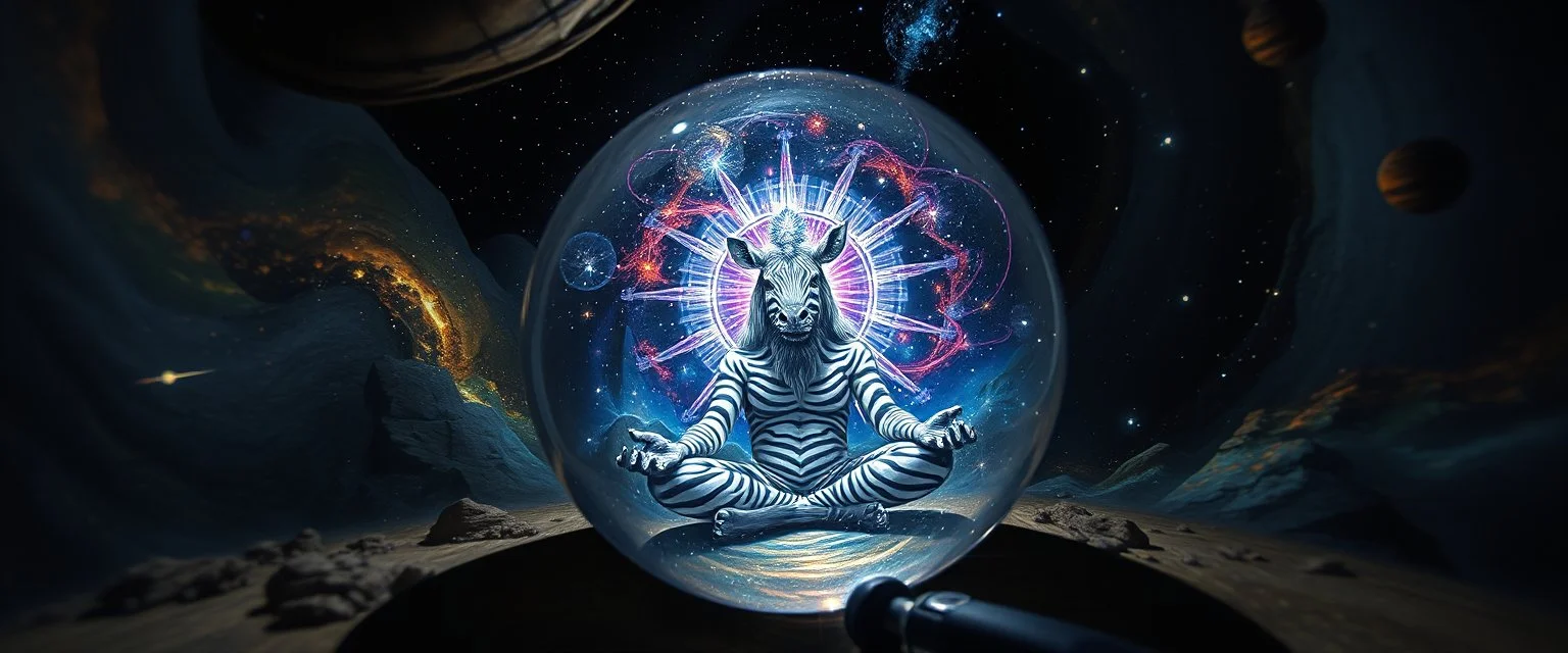pinhole pic into 4th dimension ,awake within a dream, portrait of ascended chakra master blaster, master oil painting by Rembrandt, escape route from our dimensions, hidden even to the zebra worm hole inside crystal ball