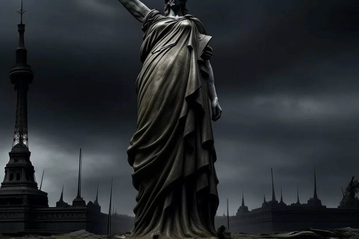 the statue of liberty, dress dirty and torn, her face solemn and terse, trash littered at her feet, she holds a crumpled american flag, she walks away, back to the viewer, under a dark and dreary sky