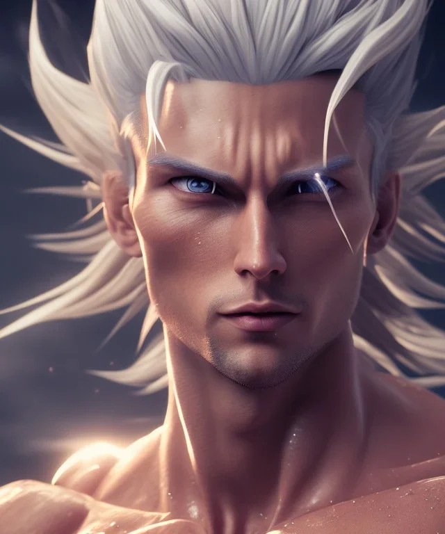 Goku, matrix style, white hair, fighting pose, muscular body, shirtless, volumetric details, hyper realism, unreal engine 5