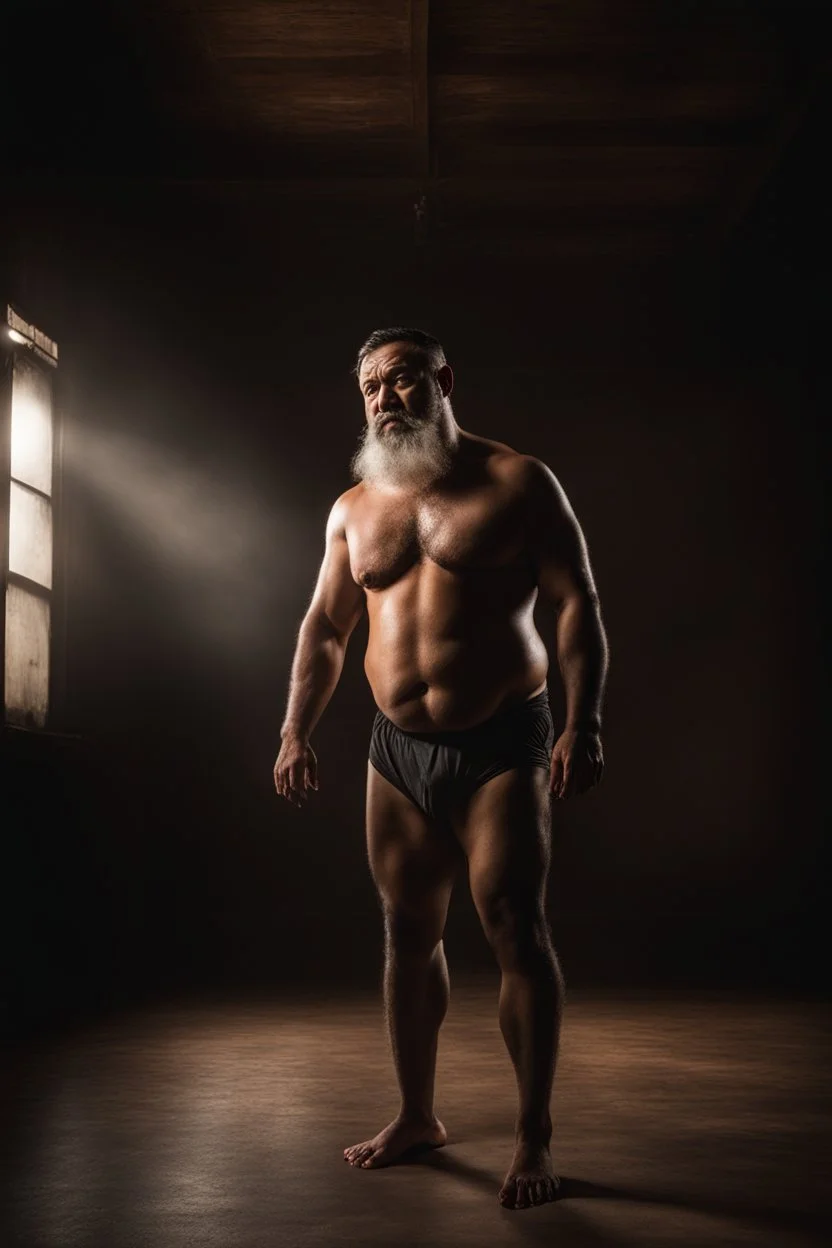 full body human figure shot photography from the ground of a burly ugly chubby 38 year old turkish boxer with big broken nose, silver beard, muscular beefy man shirtless, manly chest, big shoulders, photorealistic , side light, in a dark room, view from the ground