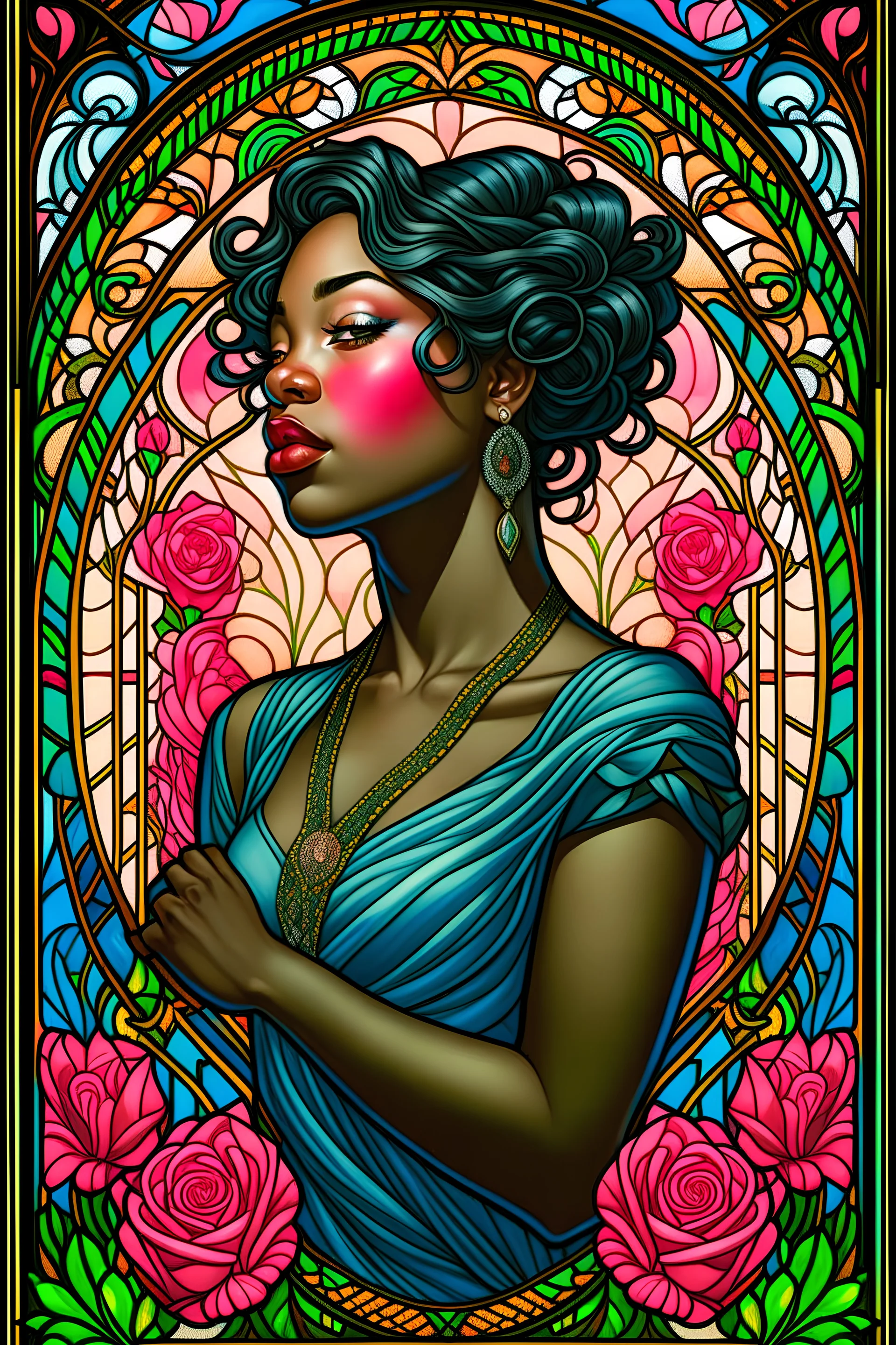Intricately detailed character illustration resembling stained glass, featuring a beautiful black woman embellished with (pink roses:1.3), rendered with an eerie realism, illuminated in enchanting (light cyan and amber hue)