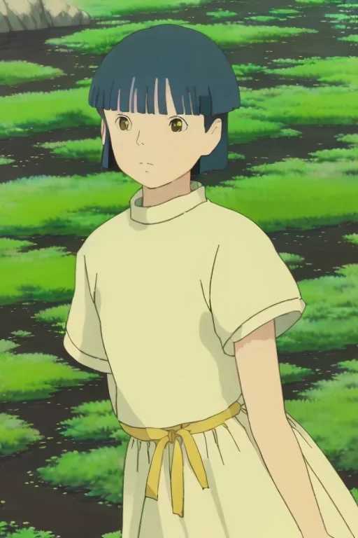 Fran Bow, yellow dress, black and white striped leggings Dark brown hair, bob cut with bangs