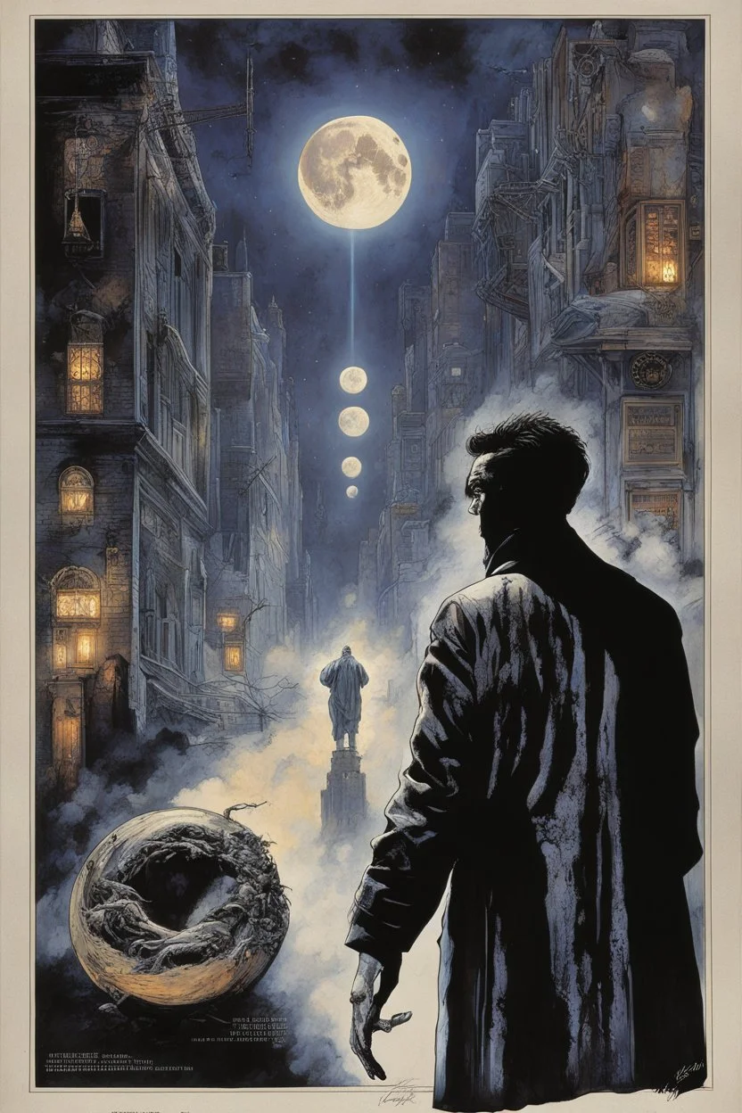 modern movie poster art by Drew Struzan, with text "THE MUSIC OF THE MOON" by "THOMAS LIGOTTI" about a somambulist who is drawn to the night streets following sinister dreamy music, gauzy textures, surreal art, by Dave mcKean, by Frank Miller, cool somber colors, dramatic mixed media, intricate detail, volumetric lighting, artistic photo layering effect.