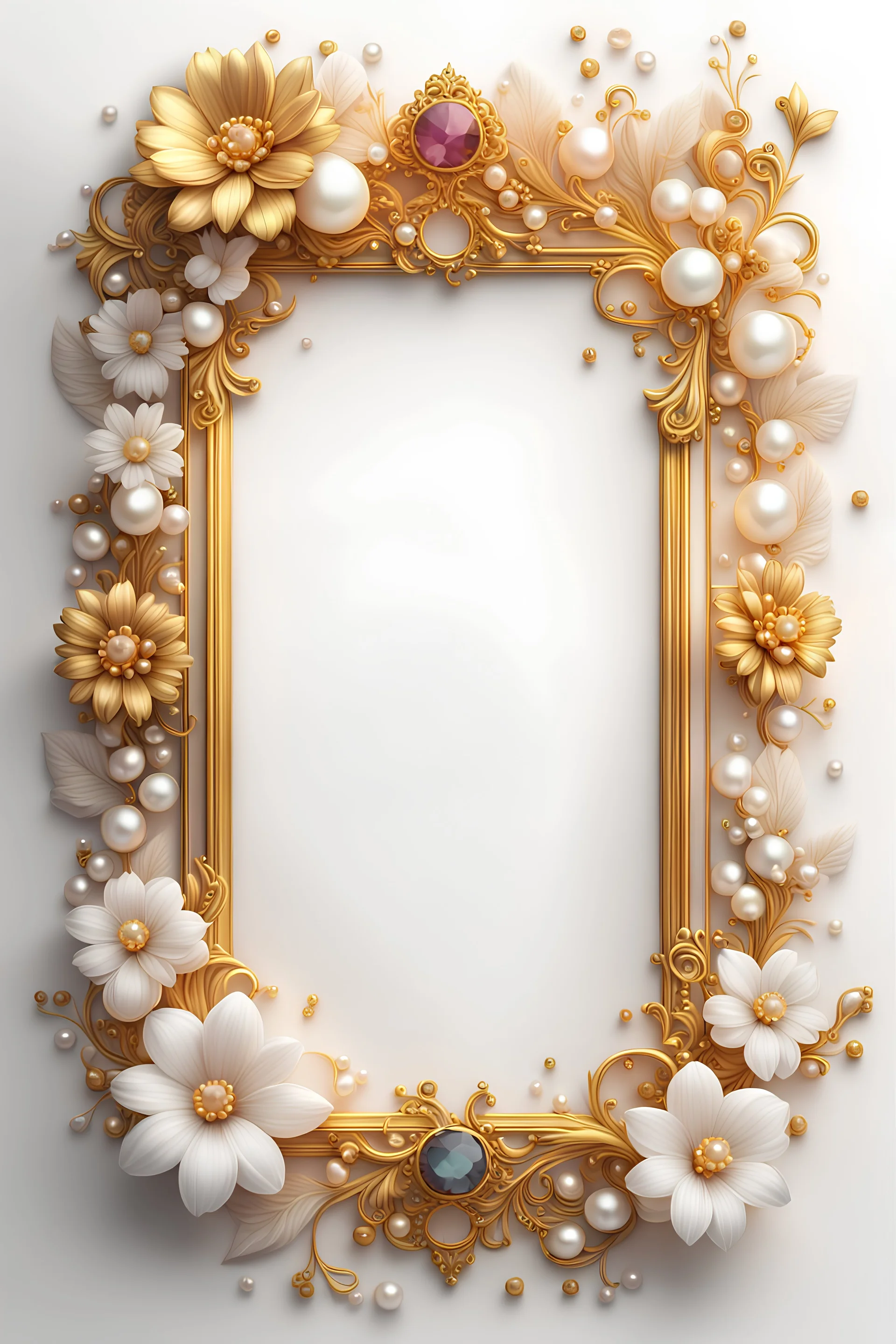 rectangular vintage frame with flowers gold and pearls, gold precious stones on a white background, Trending on Artstation, {creative commons}, fanart, AIart, {Woolitize}, by Charlie Bowater, Illustration, Color Grading, Filmic, Nikon D750, Brenizer Method, Side-View, Perspective, Depth of Field, Field of View, F/2.8, Lens Flare, Tonal Colors, 8K, Full-HD, ProPhoto RGB, Perfectionism, Rim Lighting, Natural Lighting, Soft Lighting, Accent Lighting, Diffraction Grading, With Imperfections,