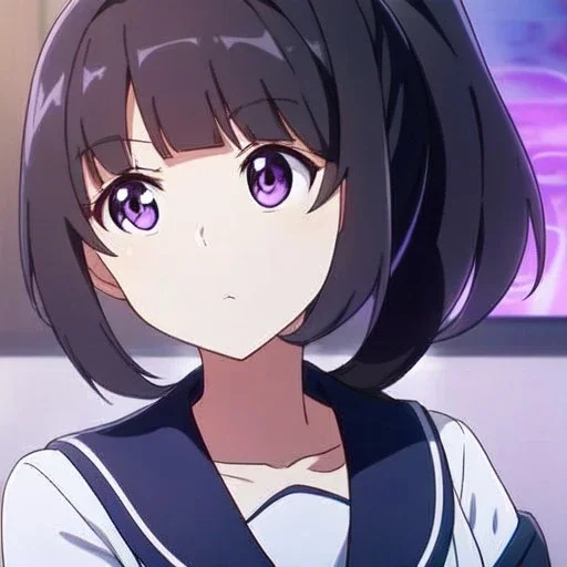 Clear focus, High resolution, short black fluffy hair, long locks, chopped bangs, pony tail, purple eyes, wearing a sailor uniform, (solo), anime screencap, pixel