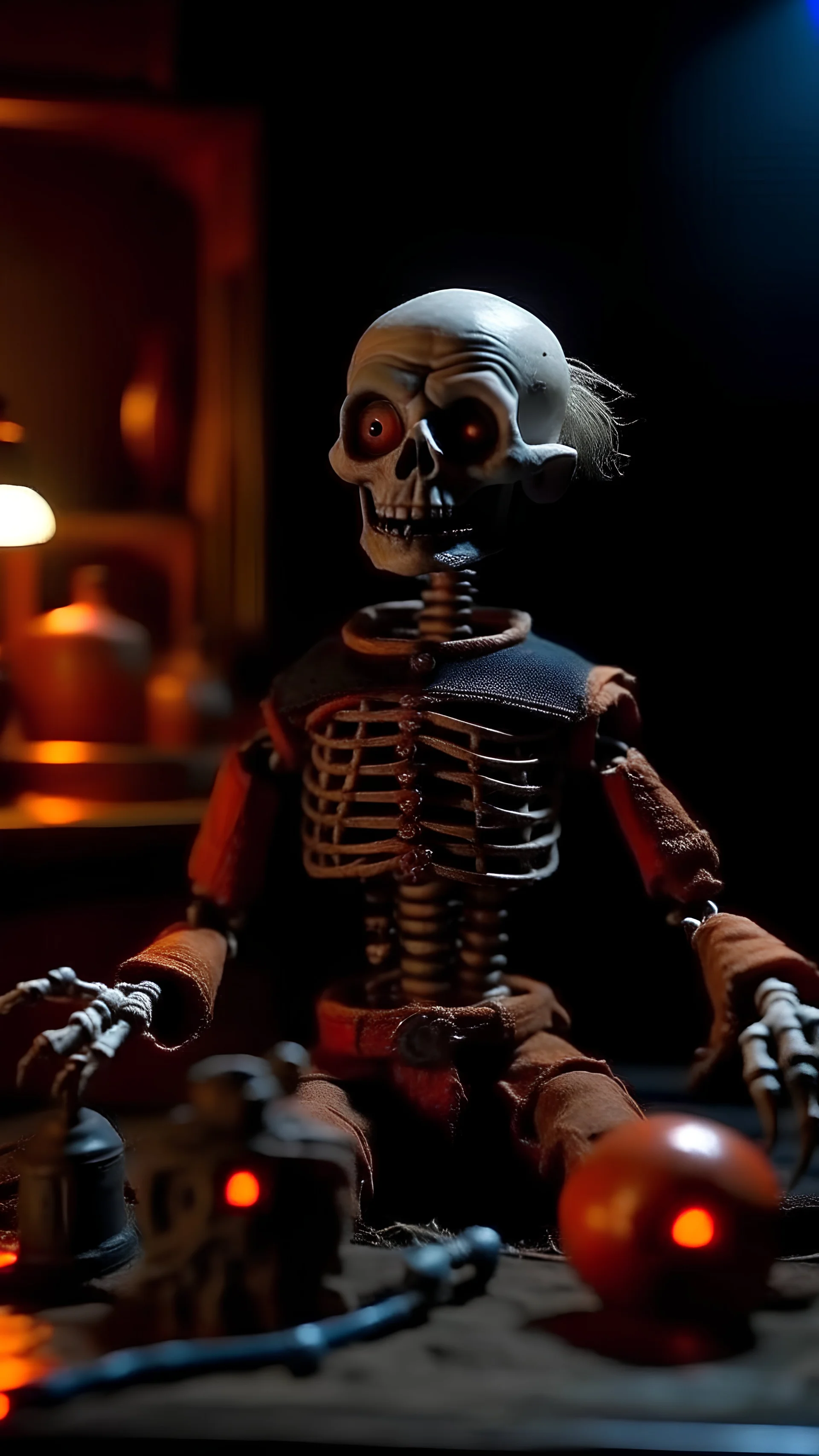 Generate a spine-chilling Halloween horror scene featuring a robot chicken as if it's a character from a terrifying movie, with eerie lighting and a haunting atmosphere."