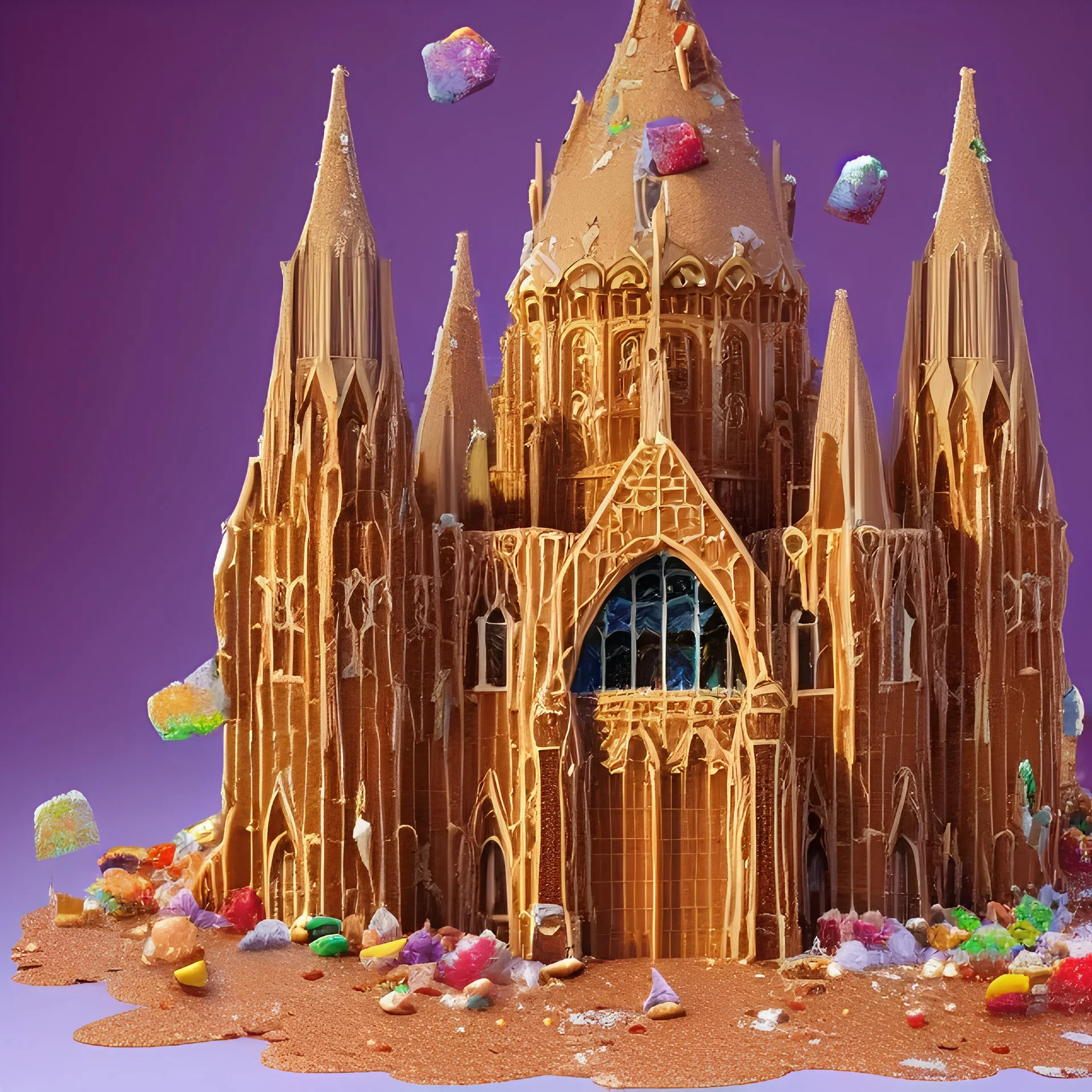 model of grand cathedral made of gingerbread house with crushed, vibrant rock candy as stain-glassed windows, 8k resolution, centered, high-quality, ultrafine-detail, ornate, digital art, detailed matte, volumetric lighting, illustration, 3D octane render, brian froud, howard lyon, George Grie, greg rutowski,