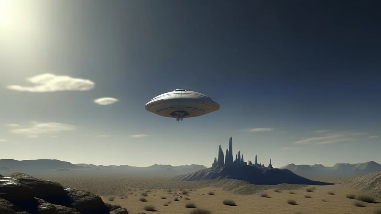 A small, long, sleek Spacecraft landing in a ruined alien city, clear sky, small white clouds