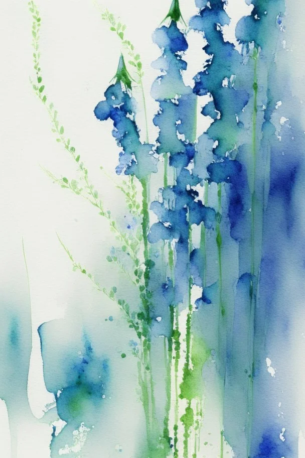 Abstract wet watercolour, blue green stalks delphiniums, not cropped