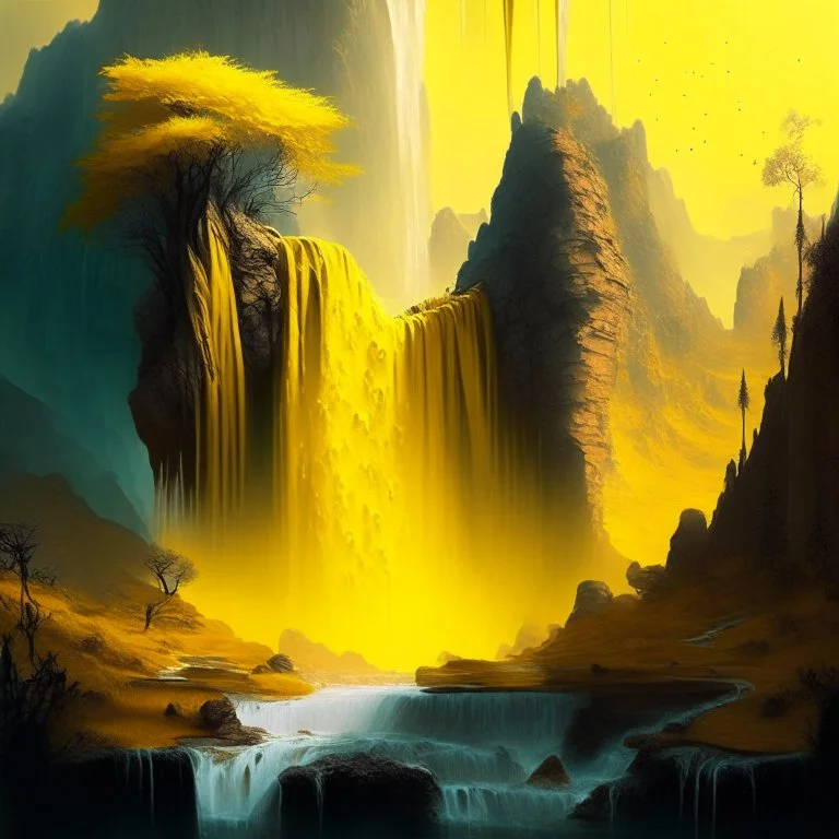 A yellow fantasy landscape with a waterfall