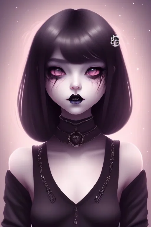 Girl, cute, beautiful, dark shadows, tilted head, black lipstick, grey skin, short black hair, choker, black sweater, best quality, perfect anatomy, bangs