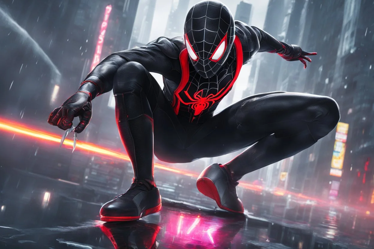 Miles morales in 8k nier automata drawing style, venom them, cinematic mood, neon effect, close picture, rain, highly detailed, high details, detailed portrait, masterpiece,ultra detailed, ultra quality