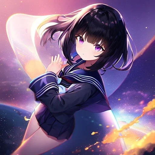 Clear focus,High resolution, Black short fluffy hair, and purple eyes, wearing a sailor uniform, must wear a short skirt,mad pose, in space, magical