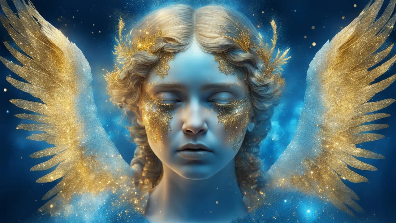 beautiful crying angel, double exposure in fantasy style, blue, gold, sparkles, fine rendering, bright colors, photorealism, 3D