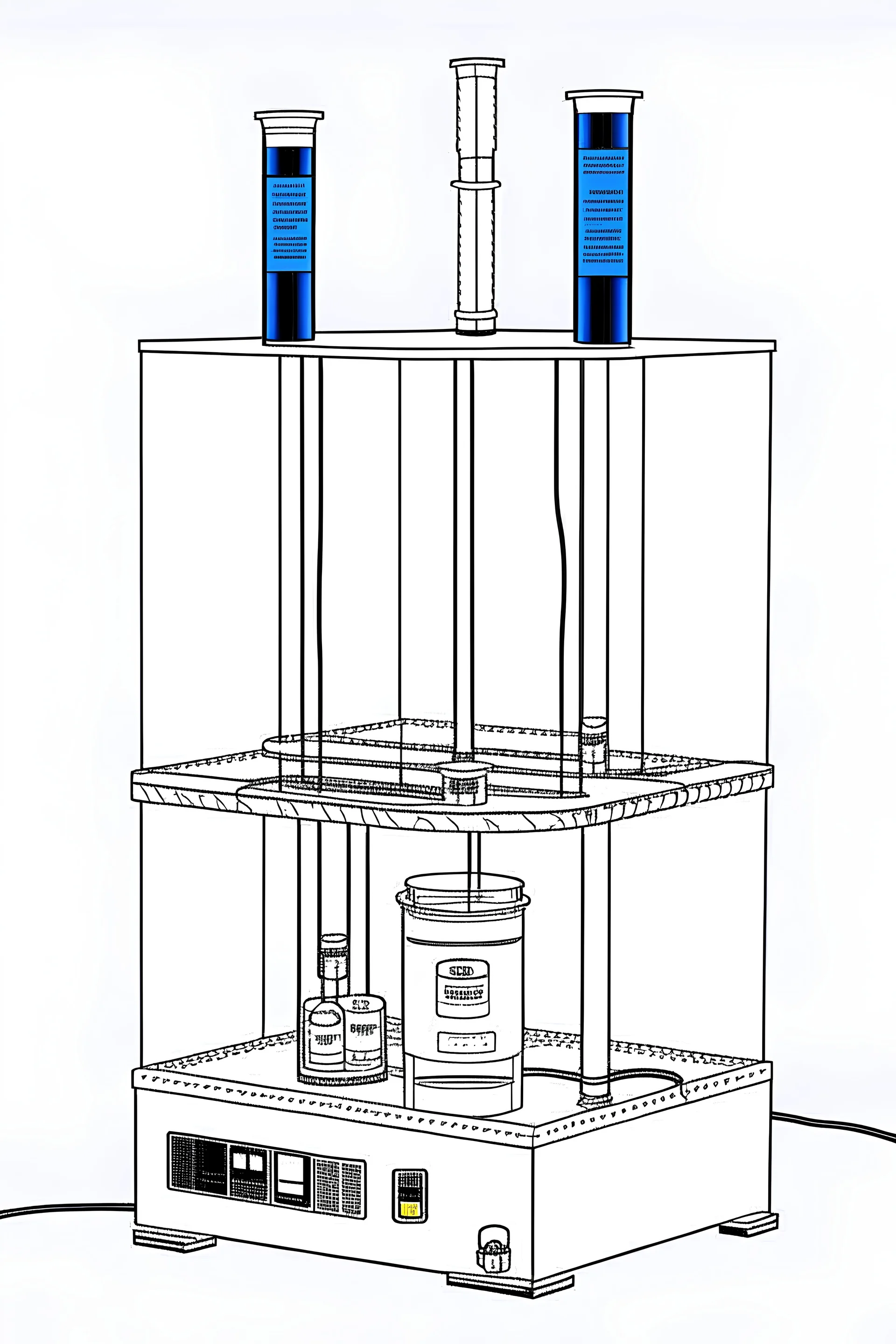 draw image of the experimental setup for electrolysis of color solution, showing electrodes dipped in a beaker, electrical wire, and dc power supply.