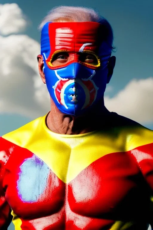 realistic image of joe biden as a mexican wrestling fighter posing, Mexican eyes wrestling mask, red and blue breeches, retro style, 80s, vibrant color, highly detailed, sky background, concept art, unreal engine 5, god rays, ray tracing, RTX, lumen lighting, ultra detail, volumetric lighting, 3d, finely drawn, high definition, high resolution.