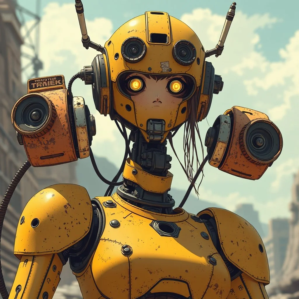 a feminine robot, yellow, post apocalyptic, vintage anime