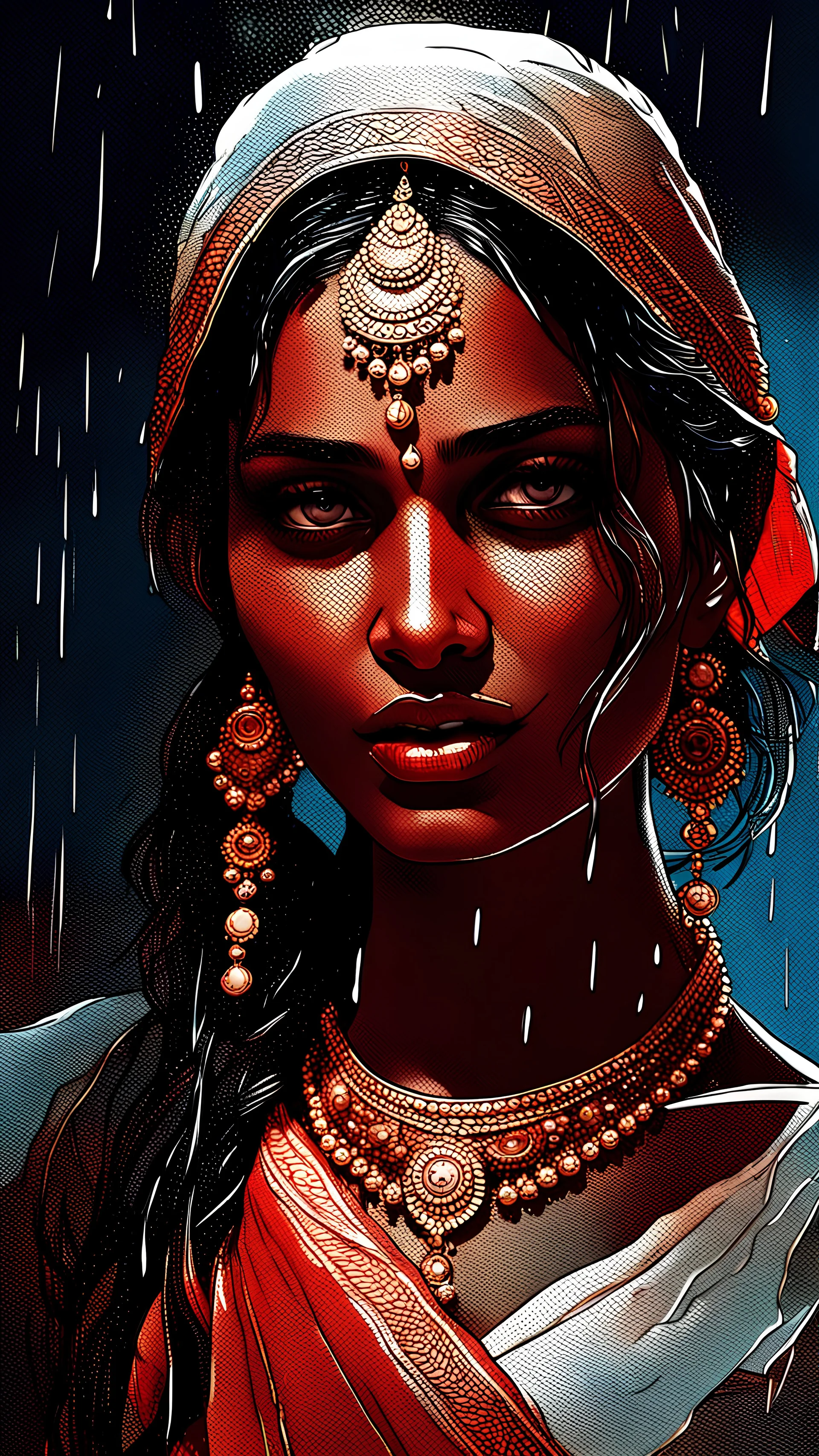 An indian beautiful supermodel in saree, rain, dawn, by Greg Rutkowski and Russ Mills, head and shoulders portrait, 8k resolution concept art portrait by Greg Rutkowski, Artgerm, WLOP, Alphonse Mucha dynamic lighting hyperdetailed intricately detailed Splash art trending on Artstation triadic colors Unreal Engine 5 volumetric lighting