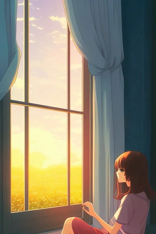 anime style illustration, sad girl sitting on the balcony, looking out of the window, sunset, breeze, shot from inside the house, grain, makoto shinkai, key visual