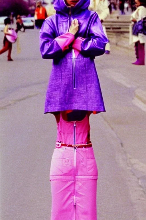 late 1990's women street fashion. Light dress with integrated bags and with new kind of hood with tippet that continues downwards too! horizontal zipper reveals belly. recycled denim straight, Pike fish, huge vulgarism, -print.lilac, plum, orange, terracotta, red, light yellow, lion yellow, pink, dark blue, beige. wide belt. Partly latex or leather.Tyra Banks.Missy Elliot,Jennifer Lopez.Karjalainen kuvio,Karjala pattern tradition