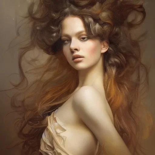 **Baroque painting, glamour shot of stunningly beautiful young female model by Karol Bak and Reylia Slaby and Anna Dittmann, long flowing light brown hair, 8K