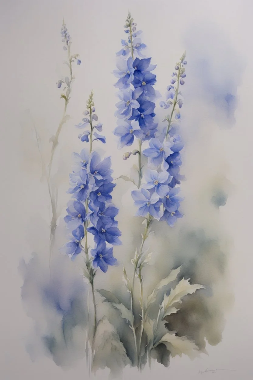 Watercolour of delphiniums in the style of willem henraets