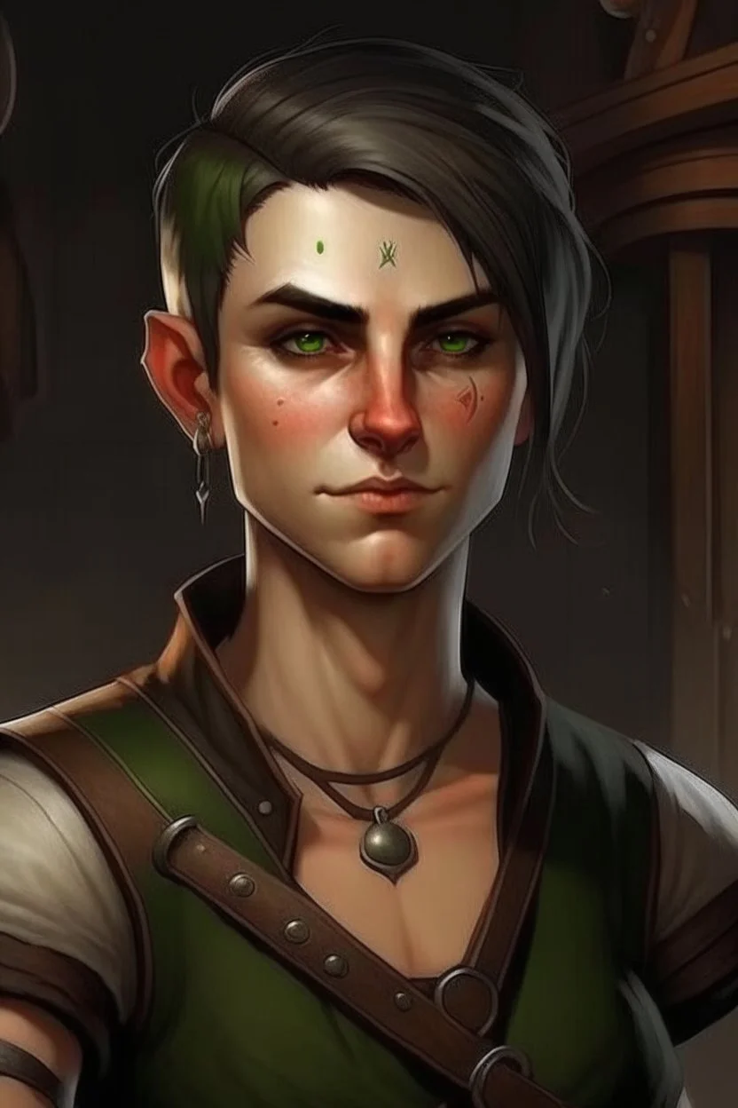 strong young half orc androgynous who works at a tavern with short hair realistic