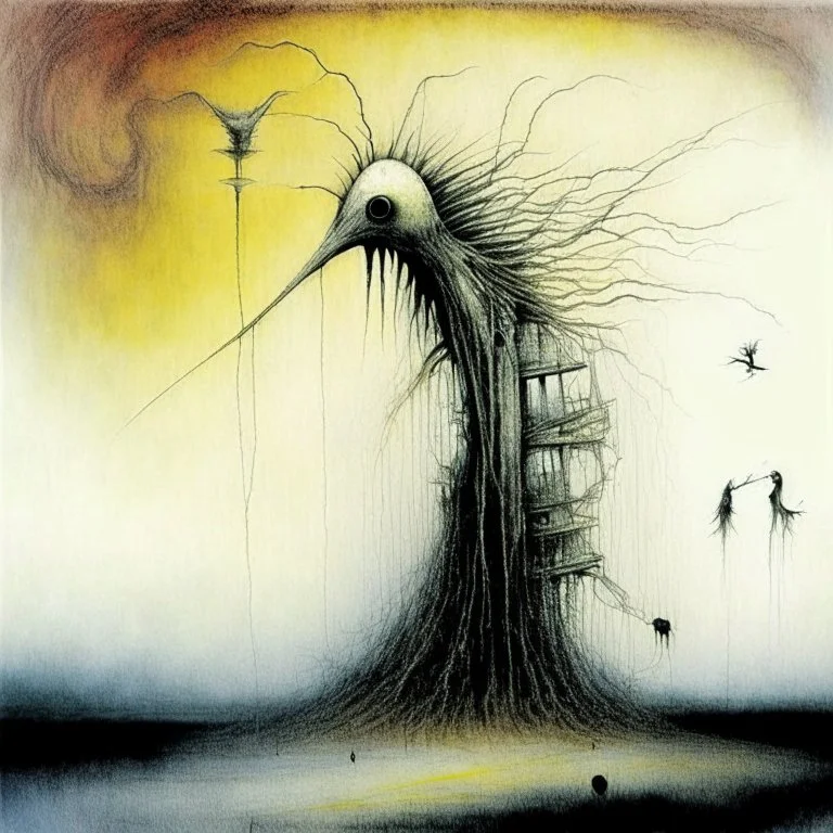 Fantastical voice stealer, metaphor of the sound of silence, by Stephen Gammell and Phlegm, warm colors, never-before-seen art from beyond, mute-core, cosmic horror, stitches