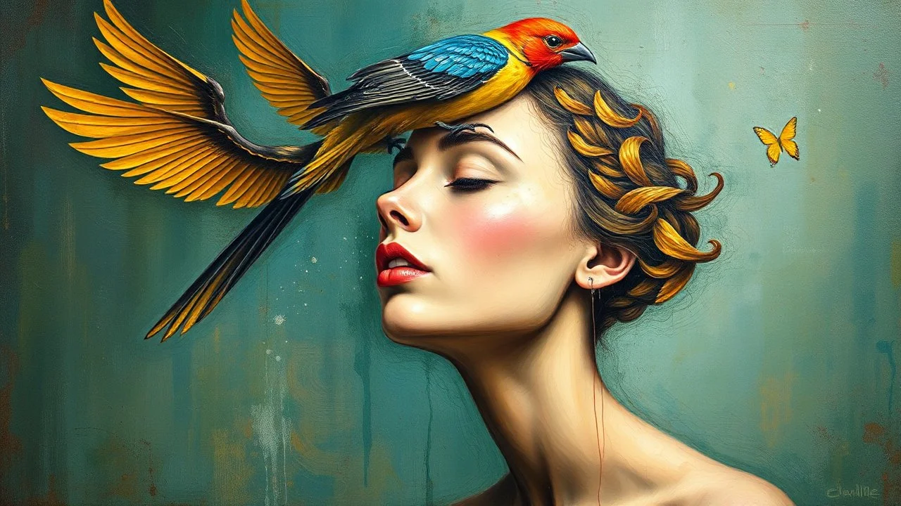 painting of a woman with a bird on her head and a bird on her head, surrealist painting, surrealist artwork, emotional surrealist art, abstract surrealist, a surrealist painting, surrealist art , abstract surrealism, abstract surrealism masterpiece, surreal painting, contemporary surrealism, magically shaped surrealism