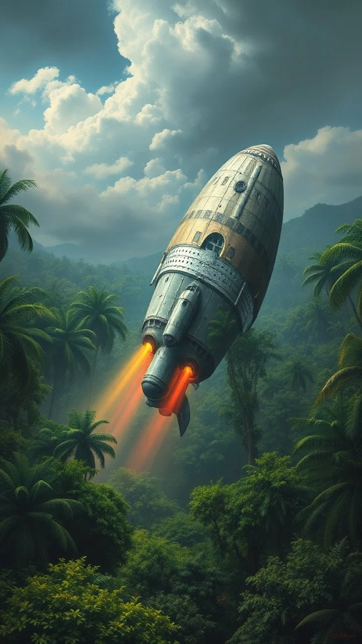 A UFO spacecraft crashed and damaged on the trees in the Amazon rainforest , covered with green bushes, Busch painting style nightmare