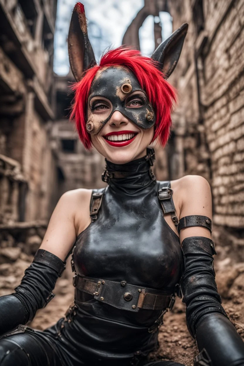 Closeup Tank girl smiling, lying pose, rabbit mask, red and black short hair, latex suit, ragged clothes, fullbody, dieselpunk, valves and old city behind, the perspective looking up from the bottom of an empty well , 8k,macro photography,