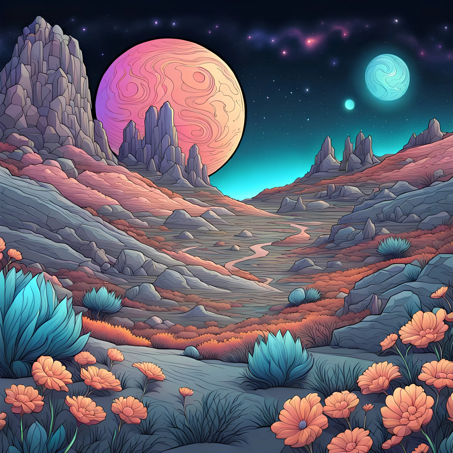 Colourful, scifi, night sky filled with galaxies and stars, Martian landscape, rock formations, houses, flowers, one-line drawing, sharp focus, 8k, deep 3d field, intricate, ornate